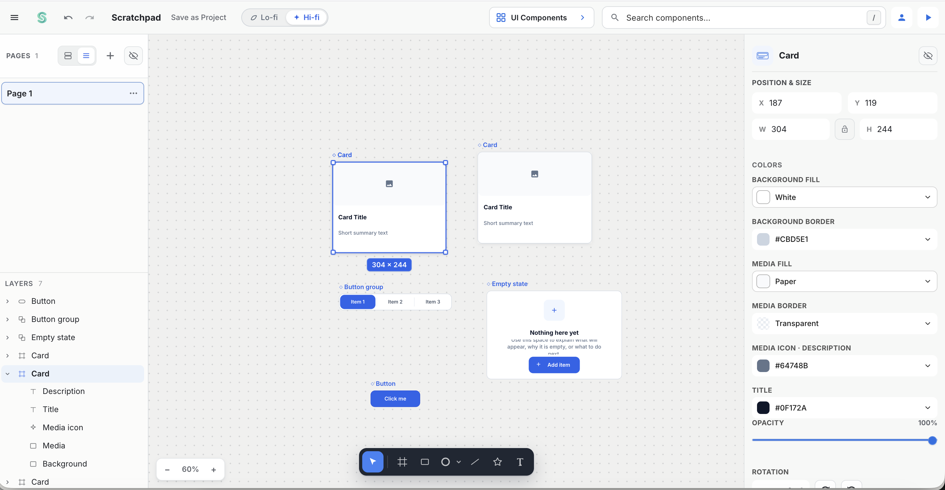 Hi-fi mode in the Shape editor, with the lo-fi / hi-fi switch beside the project name.