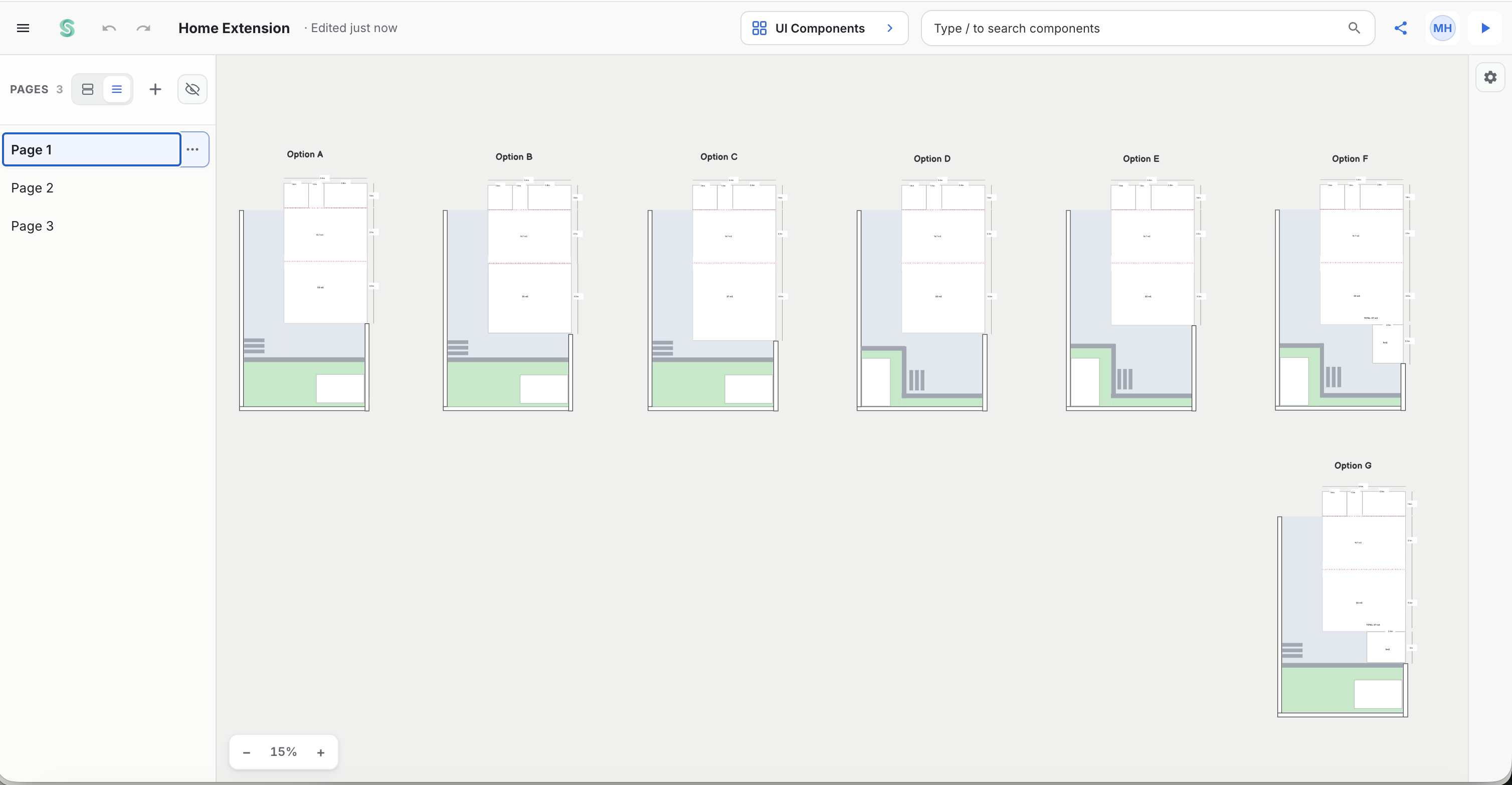 Seven house extension layout options drawn in Shape.