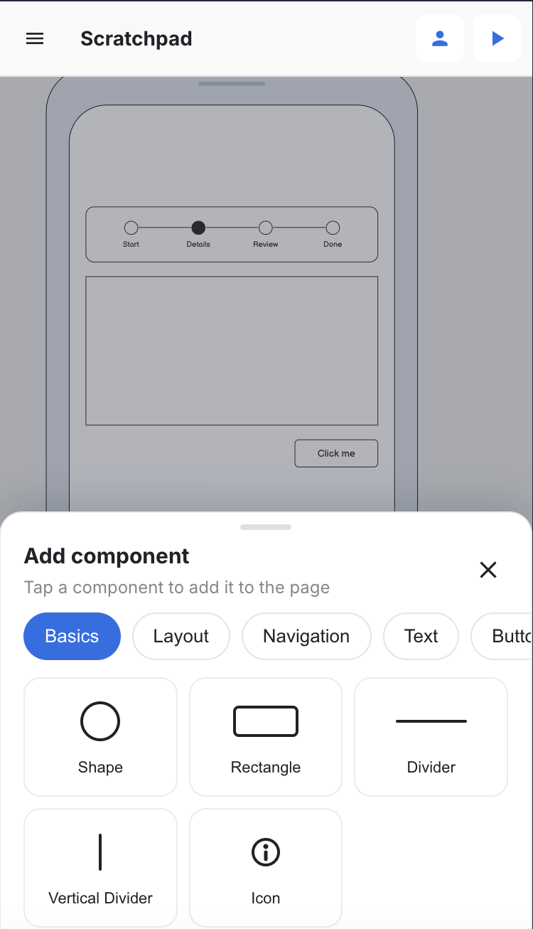 Shape running on a phone: a wireframe on the canvas with the mobile Add component picker open.