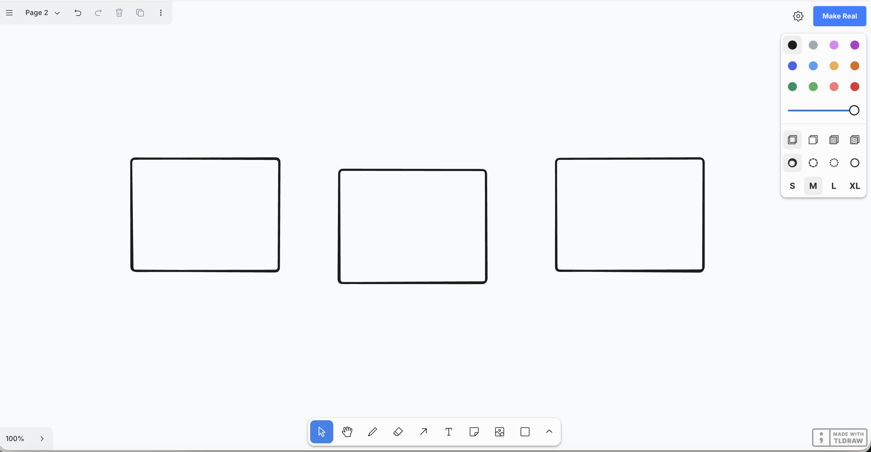 The forked tldraw canvas with the Make Real button and three drawn frames.